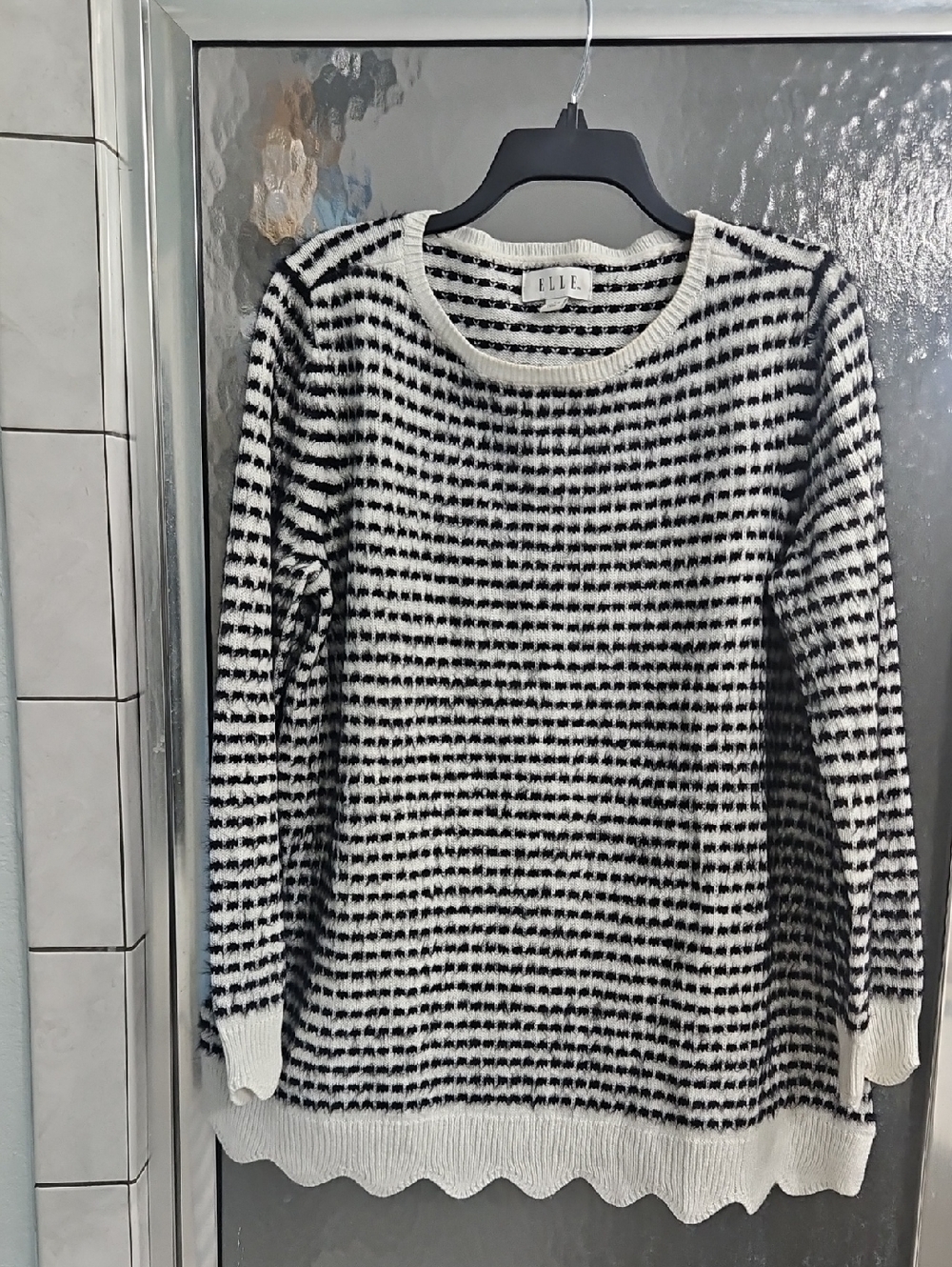 Elle Black & White Textured Striped Crewneck Sweater